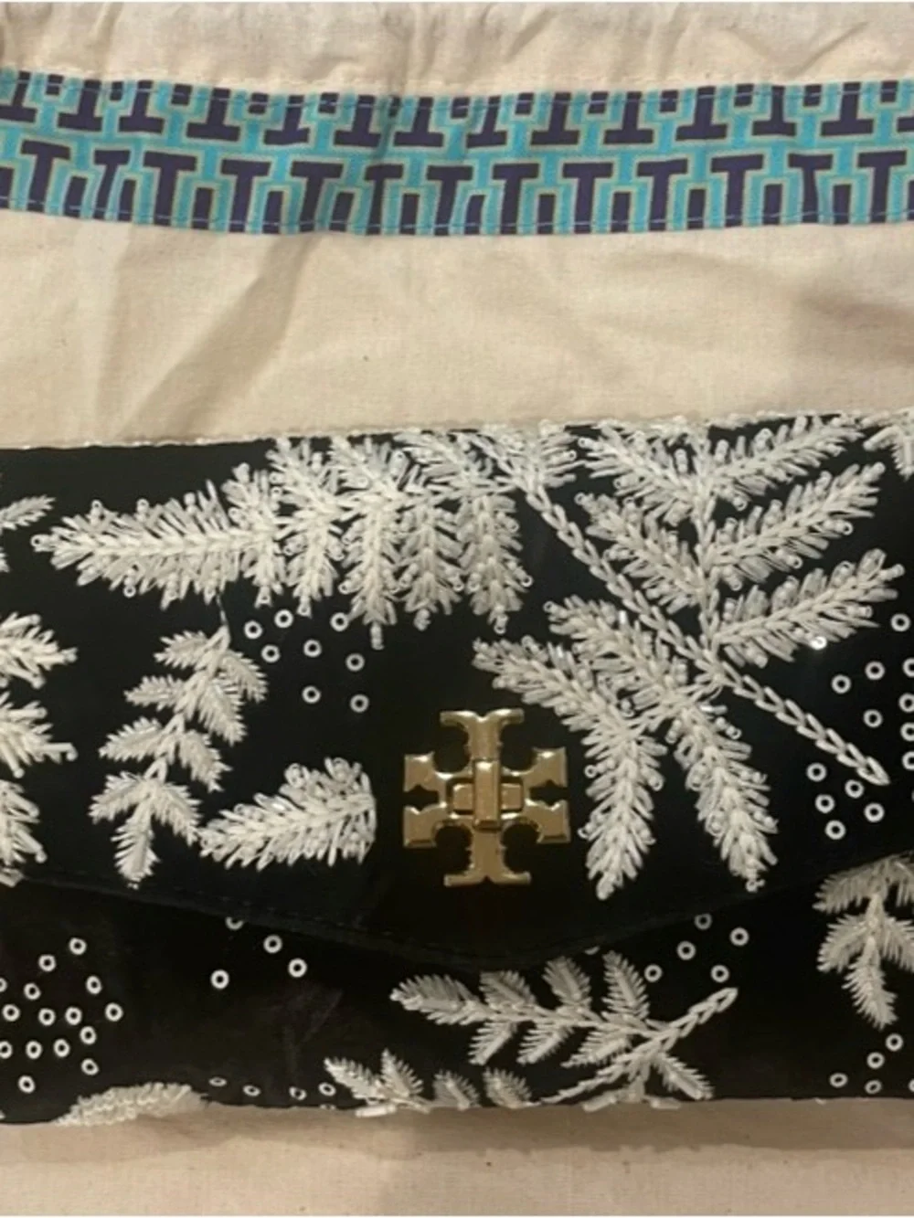 Tory Burch Black Velvet Crossbody with White Fern Embroidery & Gold Chain Strap